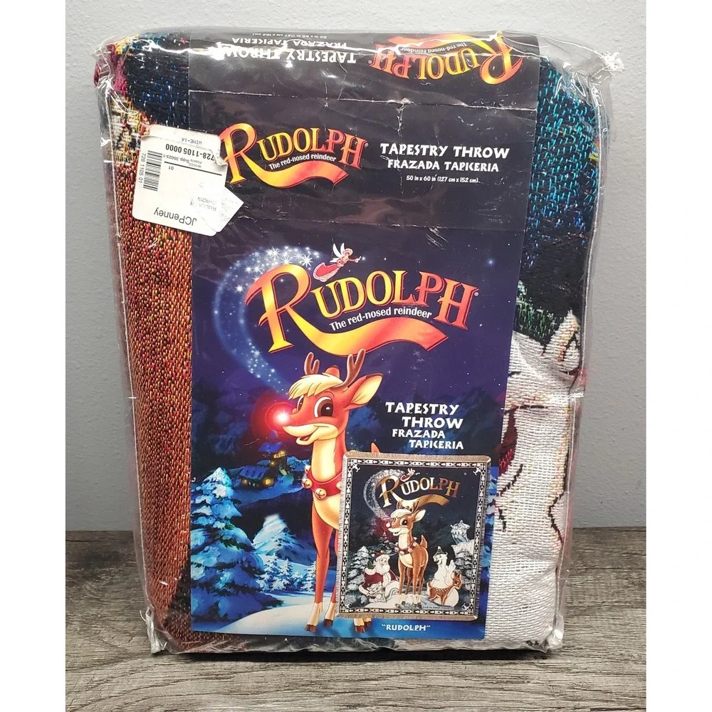 Vtg Rudolph The Red Nosed Reindeer Tapestry Throw 50x60 Christmas JC Penneys NEW